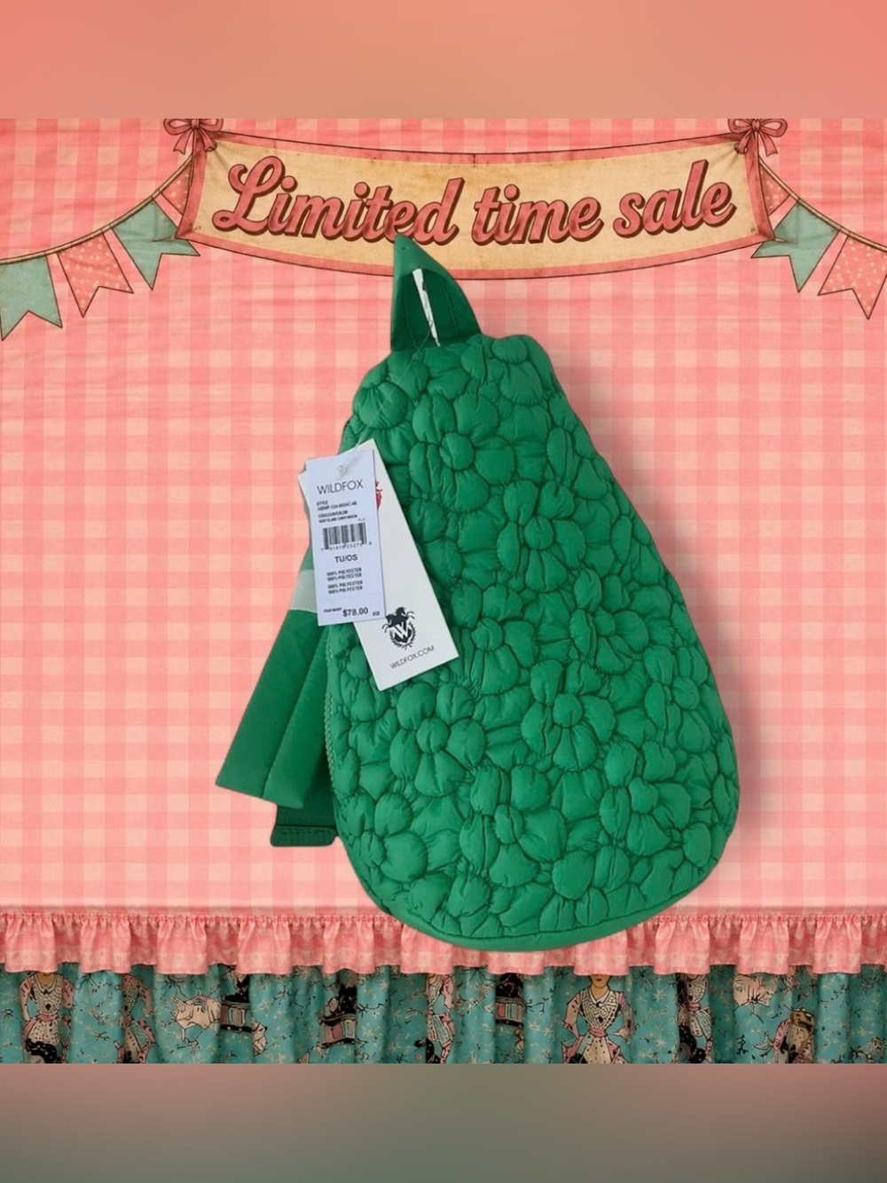 Wildfox Vert Clair Green Quilted Floral Puffy Sling Pack Crossbody Bag